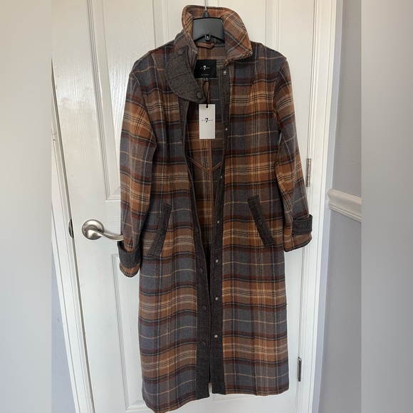 NWT 7 For All Mankind Brown Plaid Trench Coat - Picture 1 of 8